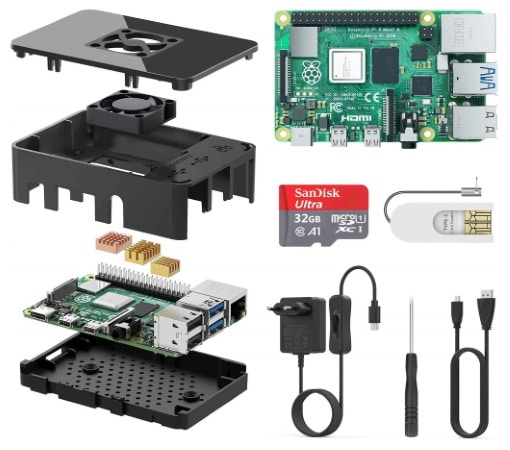 Raspberry Pi 4 Modèle B 4Go Starter Kit,et 32 Go Classe 10 Micro SD Carte,  Alimentation,Ventilateur,Boîtier,Dissipateur de chaleur